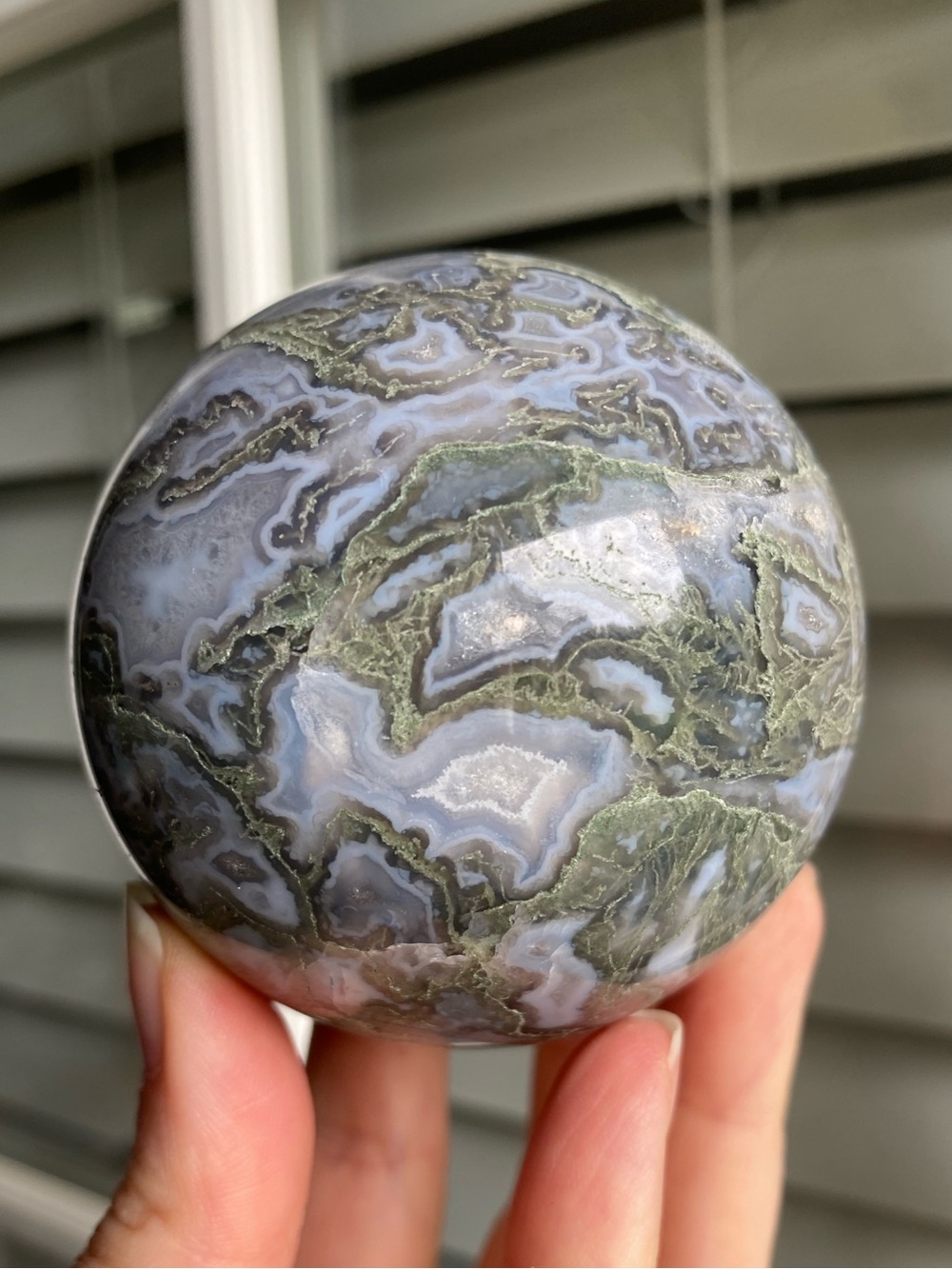 🌿 2.7” Moss Agate Crystal Sphere — Earthy Beauty + Blue Chalcedony 🌿